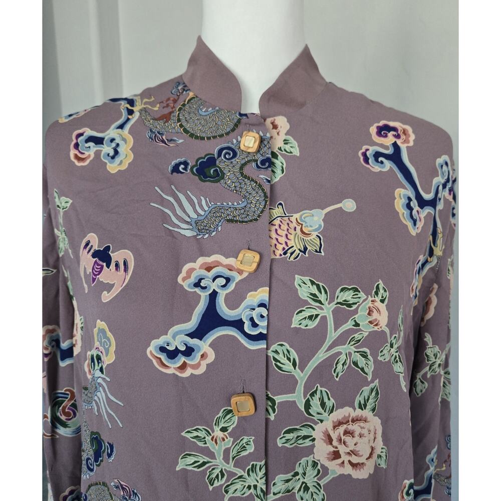 Harari Silk Asian Dragon Print Art Flowy Banded Collar Button Tunic Top Sz S - Picture 8 of 16